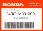 Honda Genuine Shim, Tappet (1.20) 14901-MBB-000. Fixed Price $9.14.